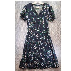 Croft & Barrow Navy Floral Button Front Puff Sleeve‎ Midi Dress XS Country Core